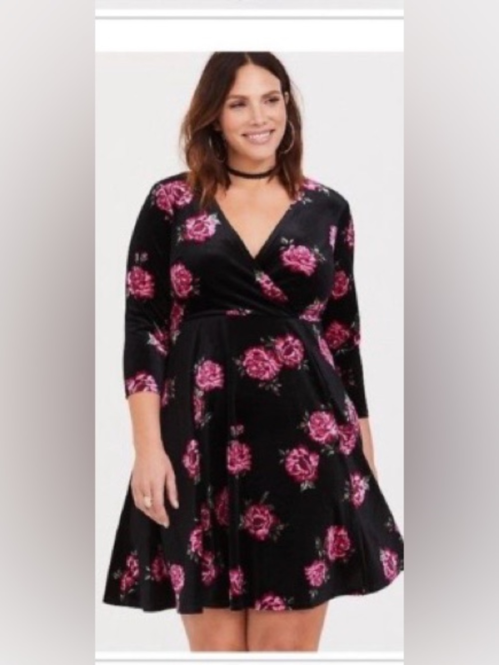 torrid Black Velvet Midi Dress with Pink Rose Print